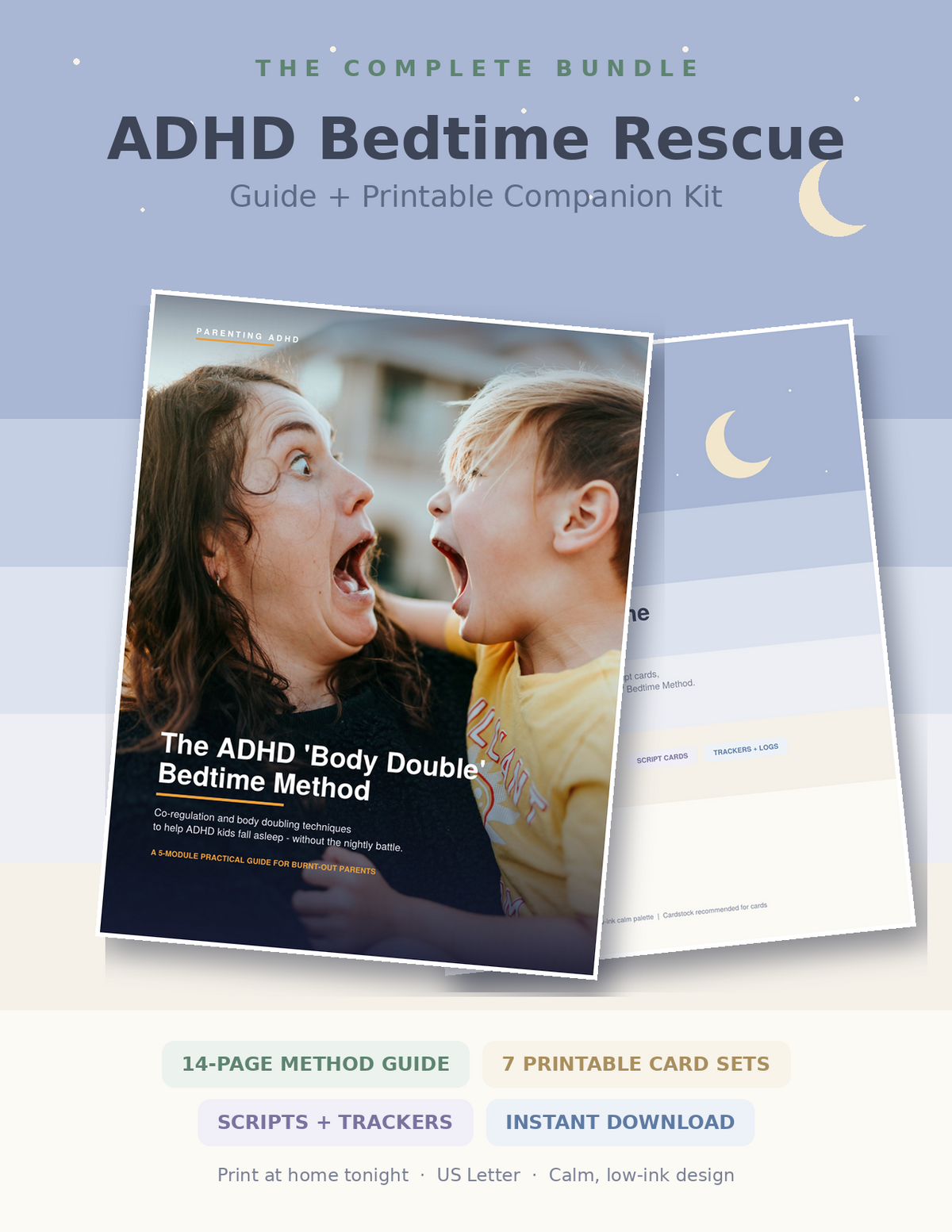 ADHD Bedtime Rescue bundle showing the Body Double Method guide and Calm Companion Kit printable covers