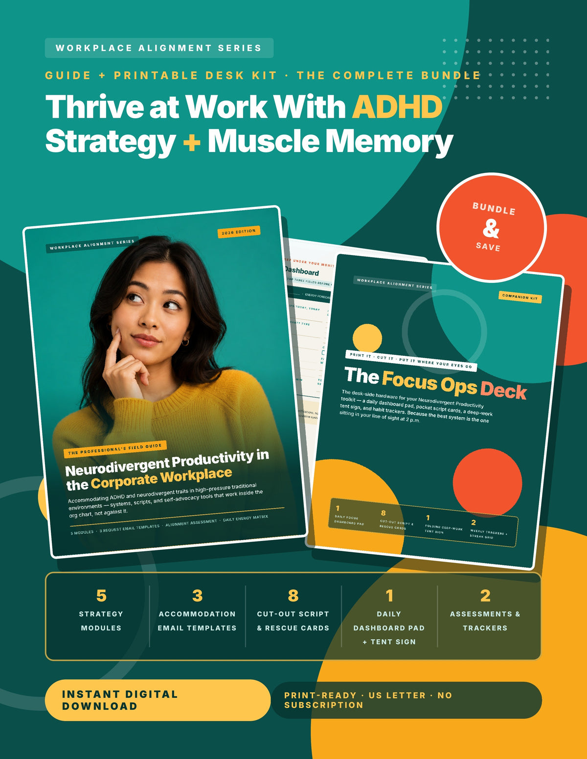 The Workplace Alignment Bundle listing image showing the ADHD at Work guide and Focus Ops printable desk kit covers
