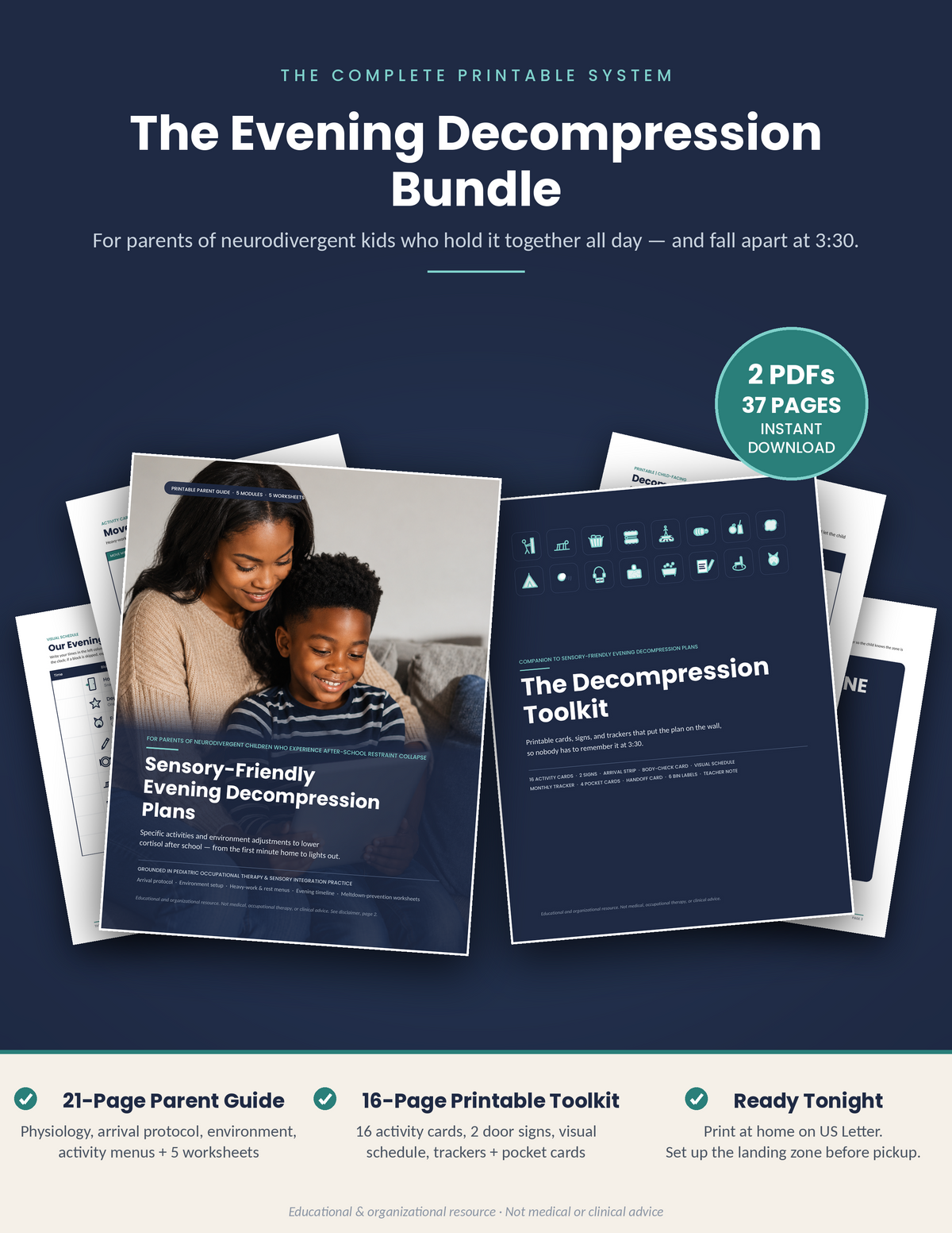The Evening Decompression Bundle — both PDF covers and printable pages fanned out: after-school reset guide plus sensory toolkit for ADHD and autistic kids, 2 PDFs, 37 pages