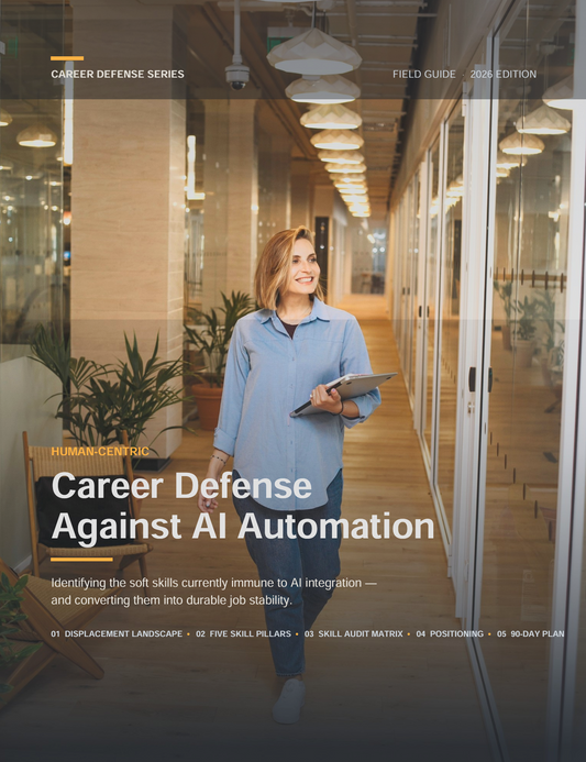 Human-Centric Career Defense Against AI Automation PDF guide cover — woman walking through a modern office, title over dark overlay