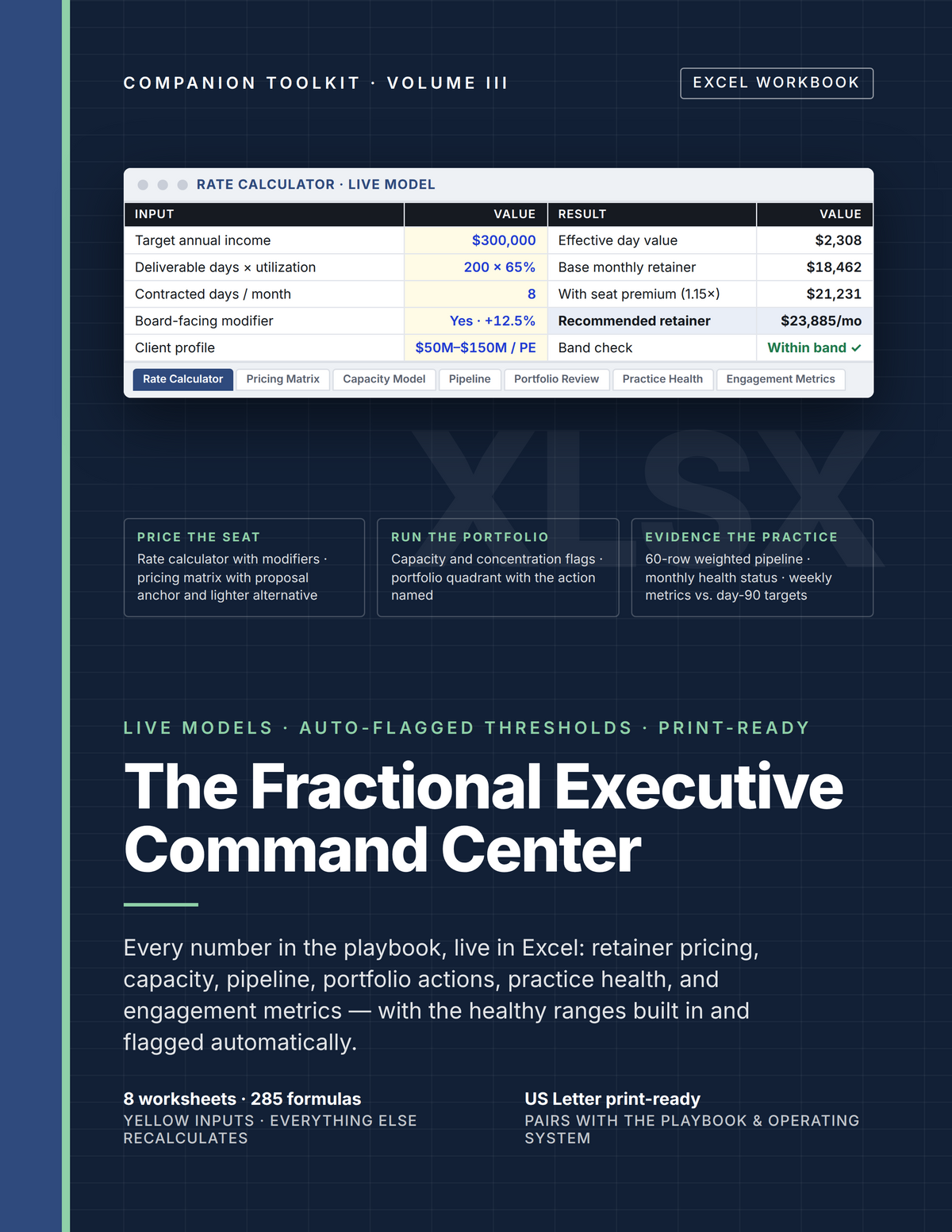 The Fractional Executive Toolkit — Operating System + Excel Command Center (Templates, 12-Week Journal & Live Pricing Models)