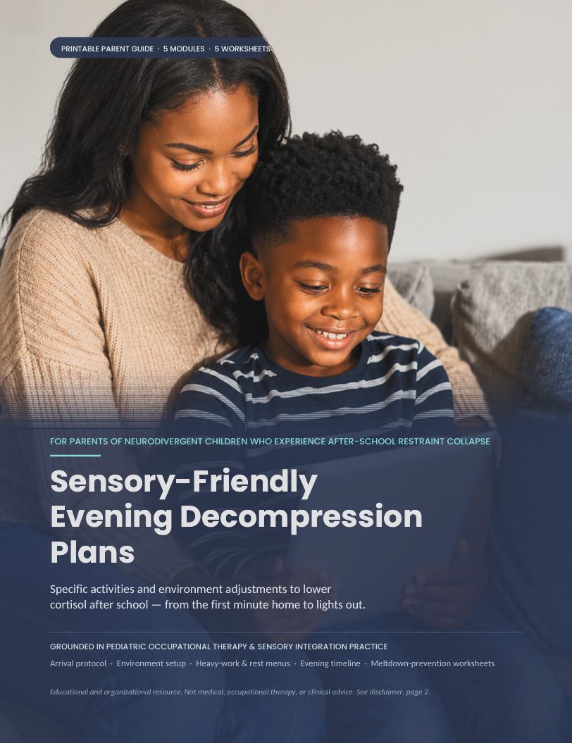 Cover of Sensory-Friendly Evening Decompression Plans, a printable PDF guide for after-school restraint collapse in ADHD and autistic kids, showing a mother and son reading together on a couch