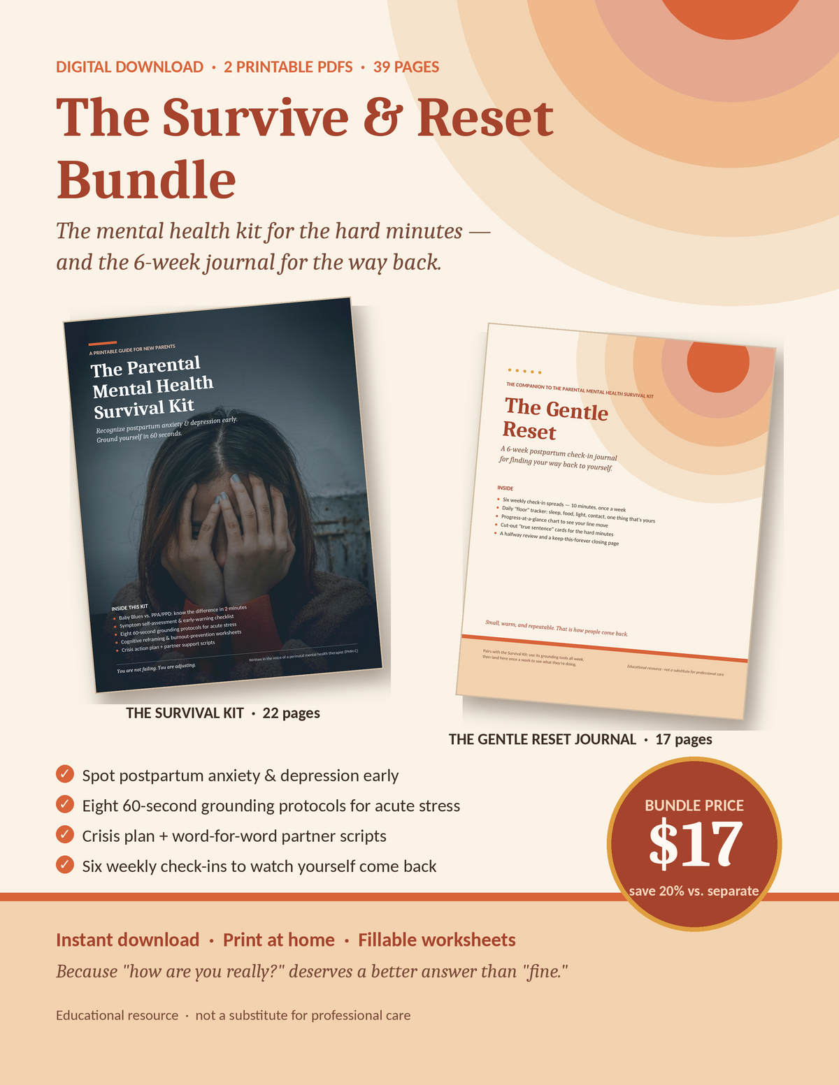 Survive and Reset Bundle graphic showing both postpartum PDF covers, a benefit checklist, and a 17 dollar bundle price badge on a warm cream background
