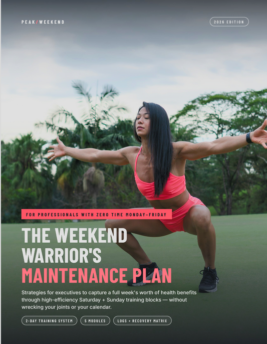 Weekend Warrior's Maintenance Plan PDF cover — 2-day workout plan for busy professionals featuring athlete in deep squat