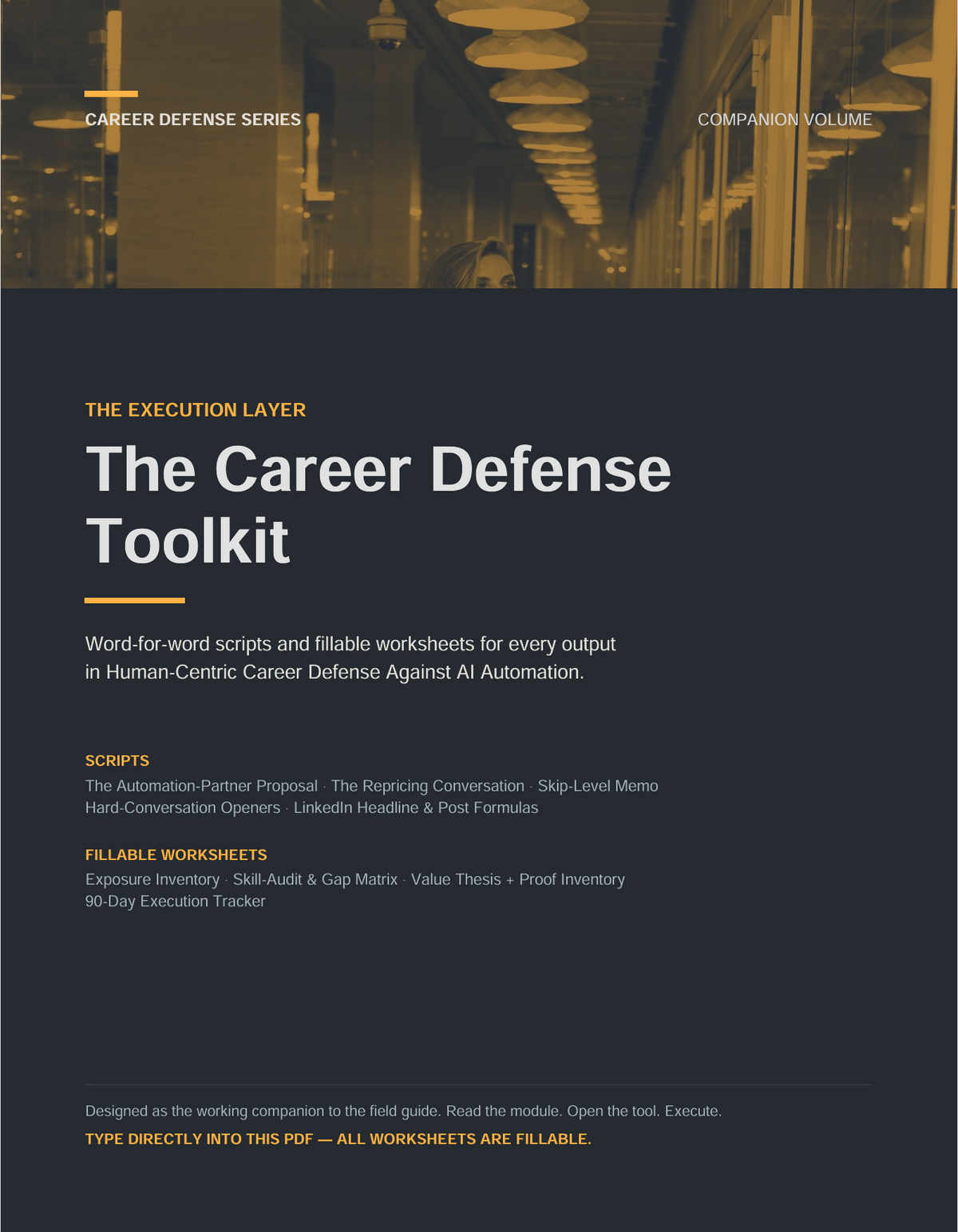 Career Defense Toolkit PDF cover — companion volume with 5 word-for-word career scripts and 4 fillable worksheets, dark navy design with amber accents