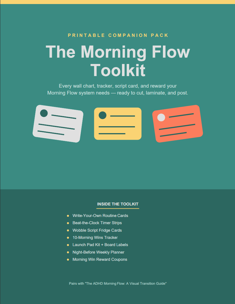 Cover of The Morning Flow Toolkit, a printable companion pack with ADHD visual schedule routine cards, timers, and trackers