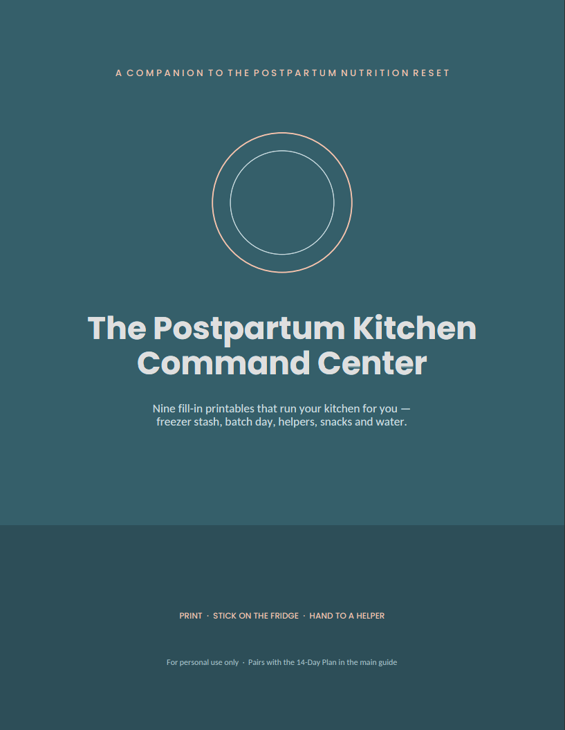 The Postpartum Kitchen Command Center PDF cover in teal with a plate icon, 9 fill-in fridge printables for new moms