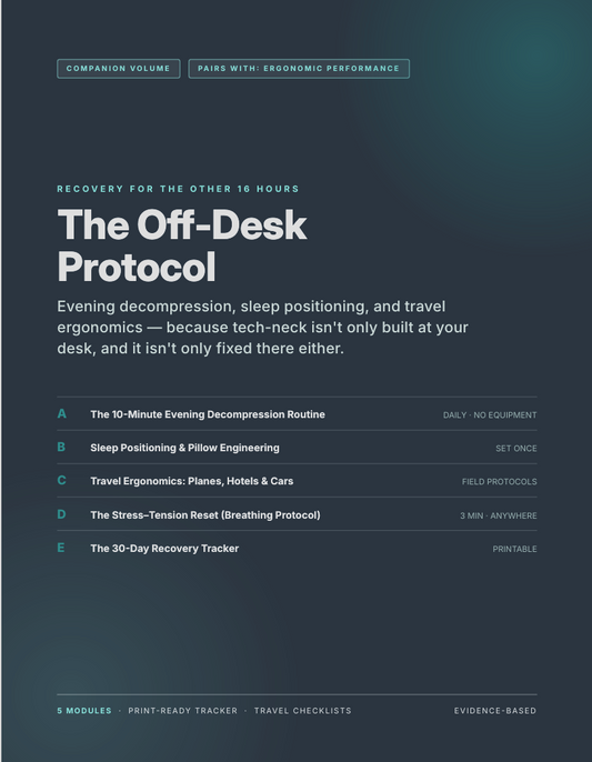 The Off-Desk Protocol Recovery Companion PDF cover — dark teal design listing evening decompression, sleep positioning, and travel ergonomics modules