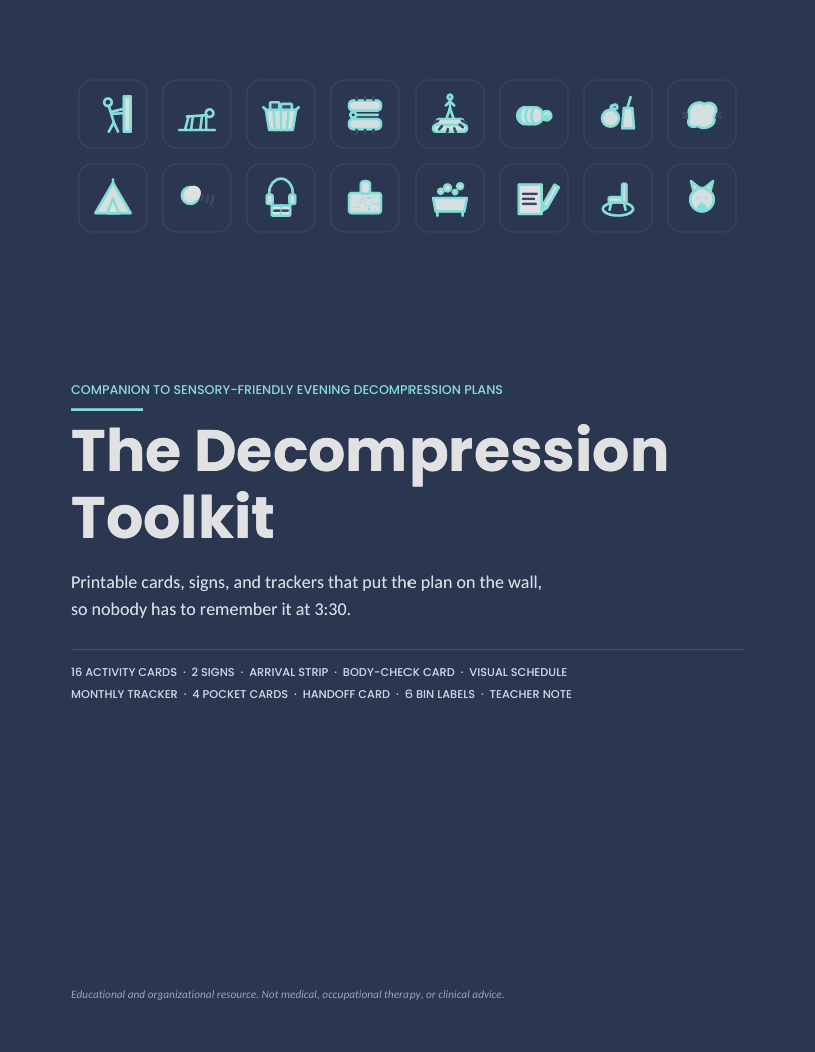 Cover of The Decompression Toolkit — printable sensory activity cards, visual schedule, calm-down signs and trackers for neurodivergent kids, shown as a grid of calming activity icons on navy