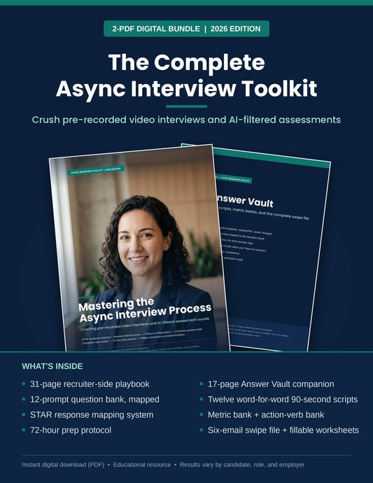 The Complete Async Interview Toolkit bundle — two PDF guides fanned on a navy background: Mastering the Async Interview Process cover with a smiling professional woman, and The Answer Vault companion, 2026 edition.
