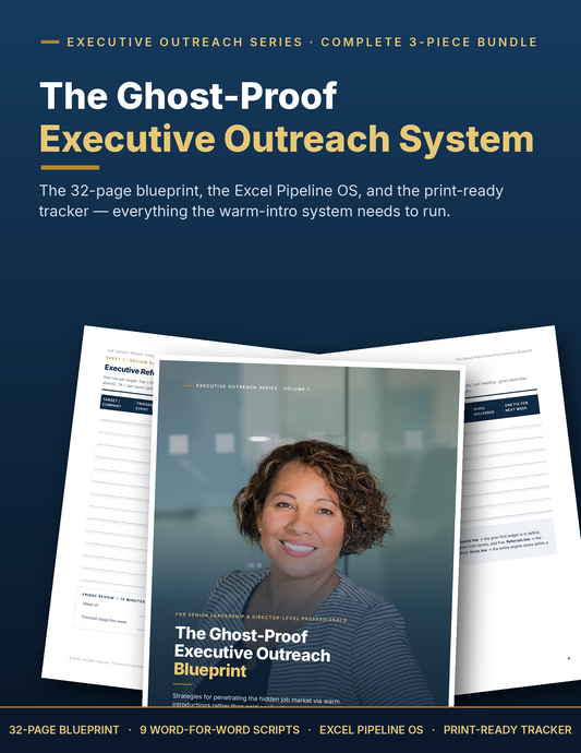 The Ghost-Proof Executive Outreach System bundle — 32-page blueprint PDF, Excel pipeline tracker, and print-ready job search sheets