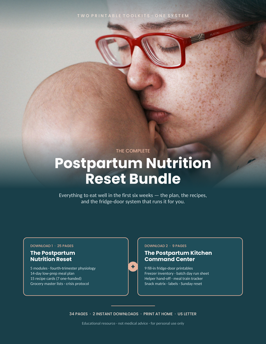 The Complete Postpartum Nutrition Reset Bundle cover showing a mother and newborn with both included PDF toolkits listed