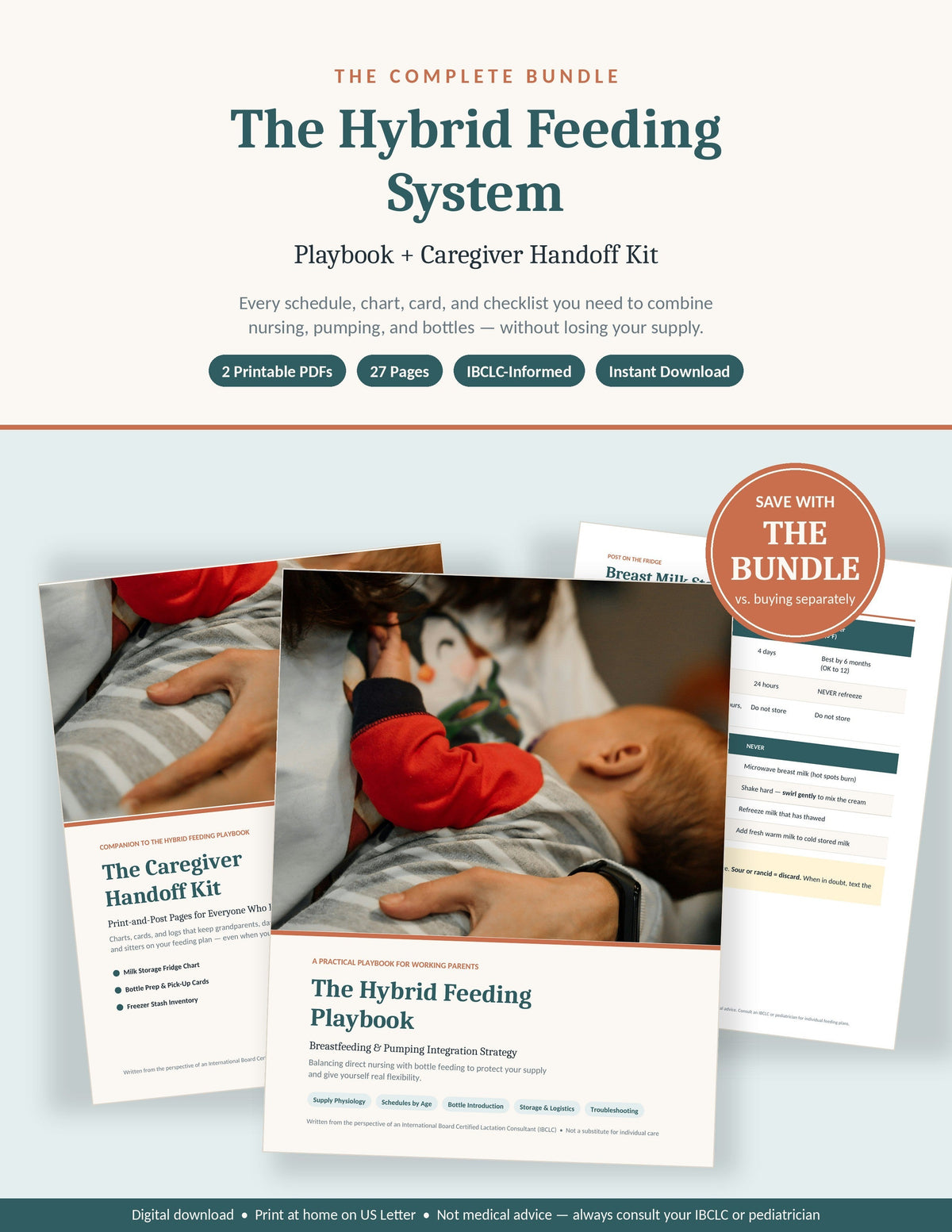The Hybrid Feeding System bundle showing the Hybrid Feeding Playbook and Caregiver Handoff Kit covers fanned with a printable breast milk storage chart