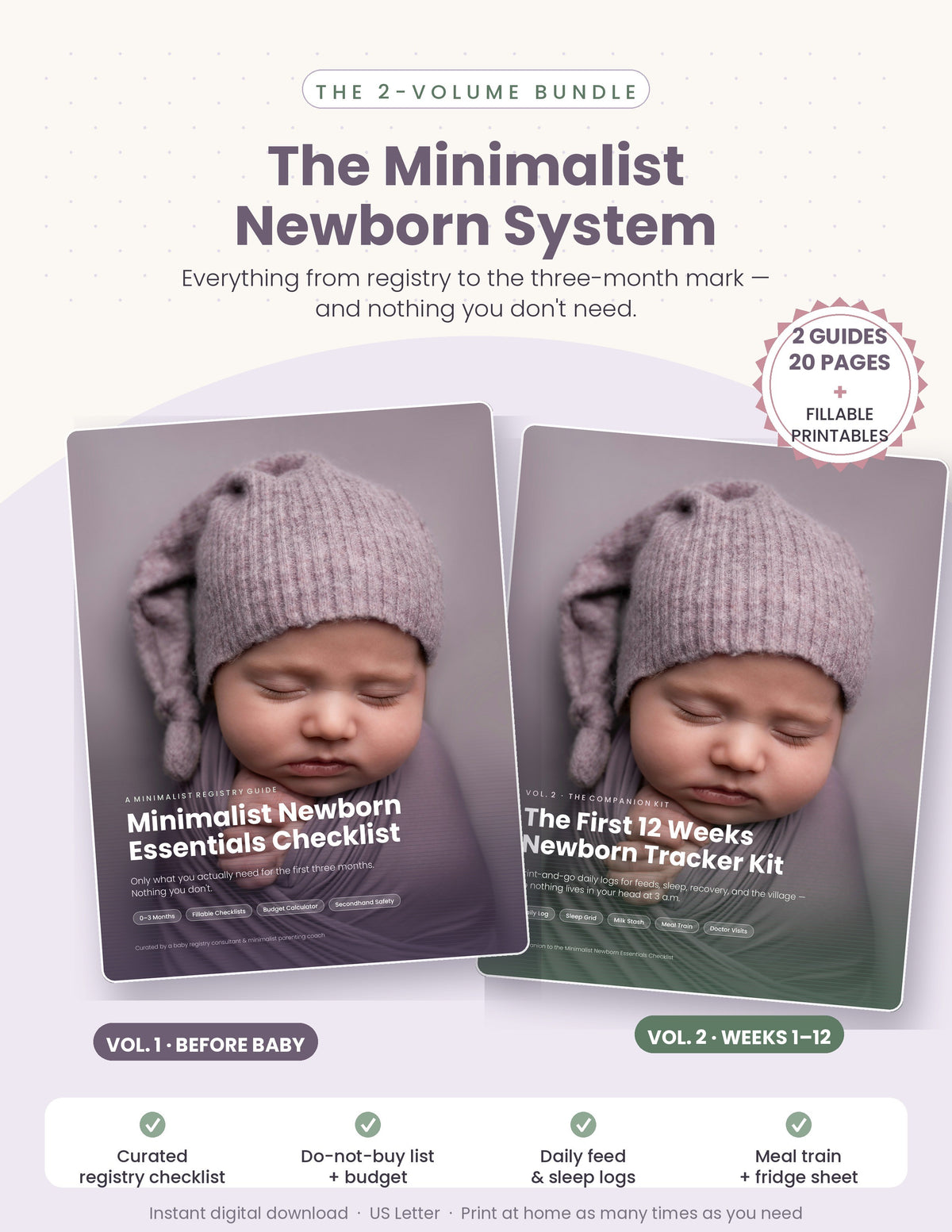 Minimalist Newborn System bundle showing two PDF guide covers, a registry checklist and a 12-week tracker kit