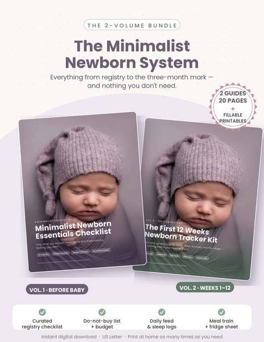 Minimalist Newborn System bundle showing two PDF guide covers, a registry checklist and a 12-week tracker kit