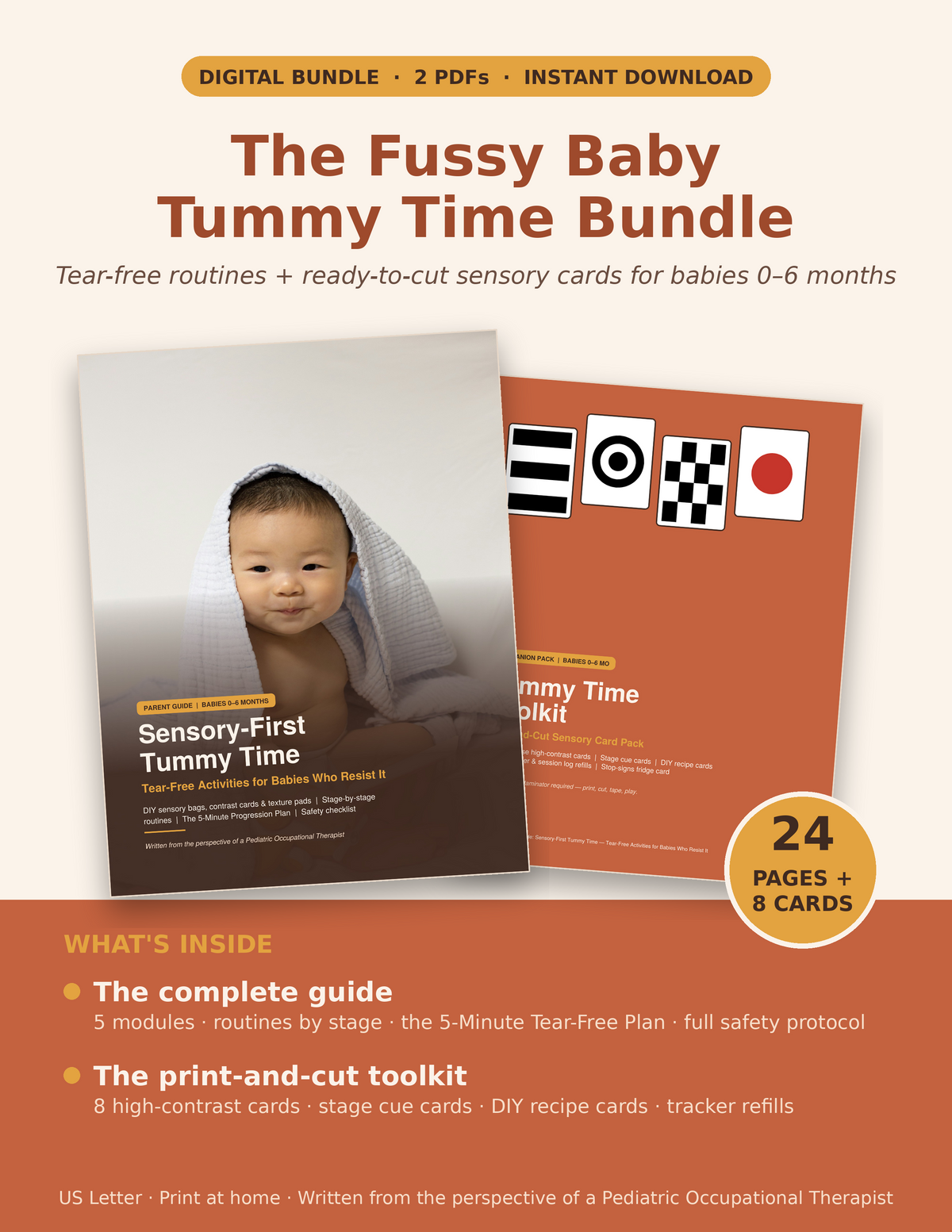 Fussy Baby Tummy Time Bundle listing image — both PDF covers with a 24 pages plus 8 cards badge