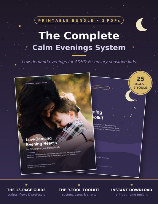 The Complete Calm Evenings System bundle hero — Low-Demand Evening Resets guide and Evening Reset Toolkit covers on a starry night background with a 25 pages + 9 tools badge