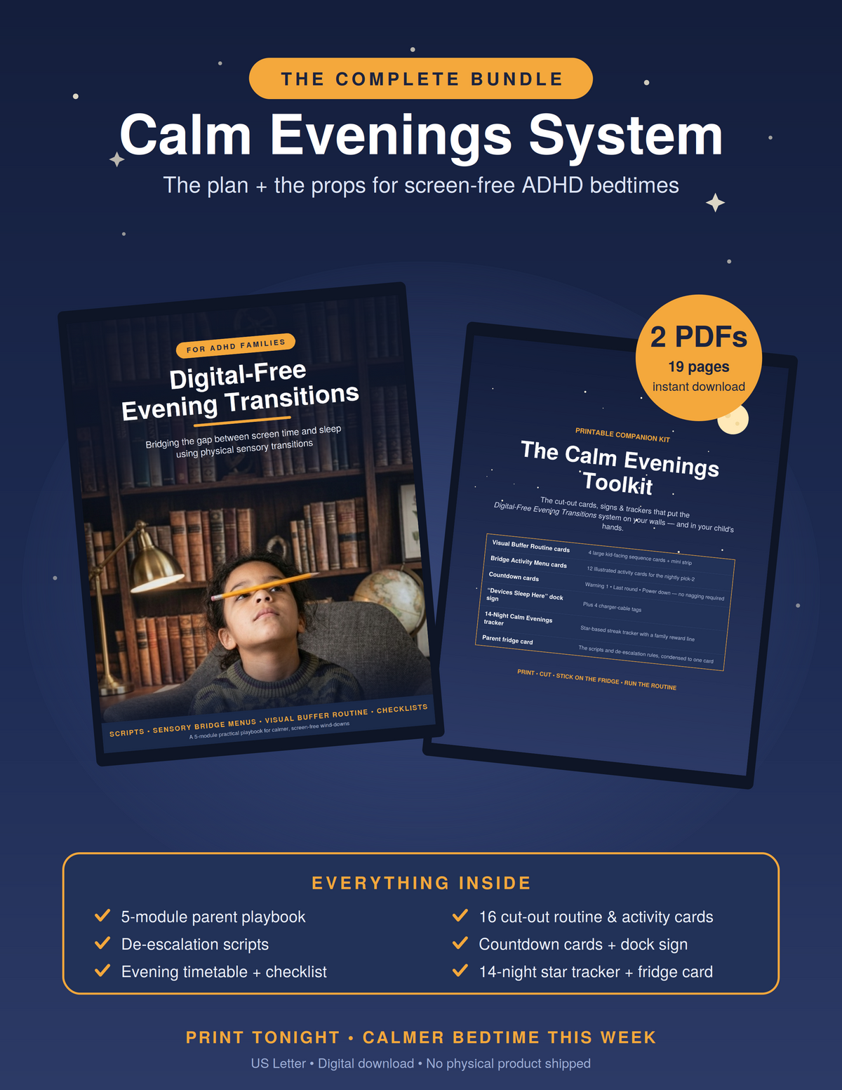 The Calm Evenings System bundle — ADHD bedtime guide and printable toolkit covers shown together on a starry night background with a 2 PDFs badge