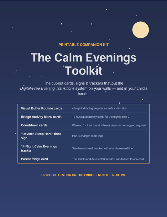 The Calm Evenings Toolkit PDF cover — printable ADHD bedtime routine cards, countdown cards, dock sign, and star tracker on a starry night background