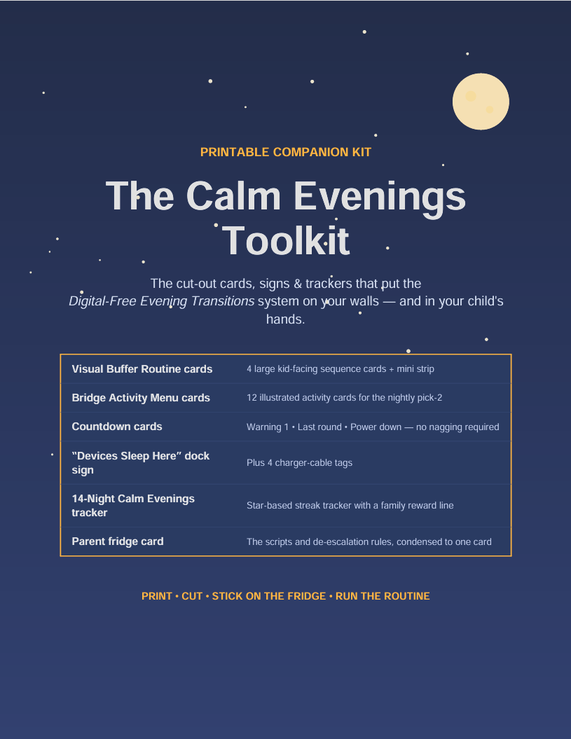 Volume 2: The Calm Evenings Toolkit — printable ADHD bedtime routine cards, countdown cards, dock sign, and star tracker cover