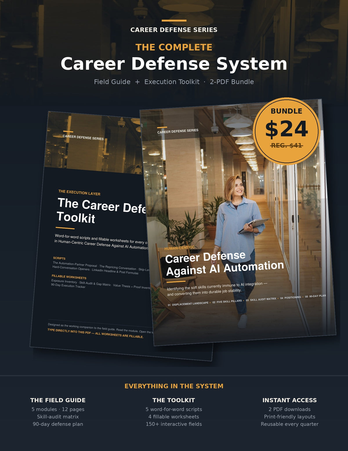 Career Defense System bundle — AI automation field guide and fillable toolkit PDF covers with $24 bundle price badge