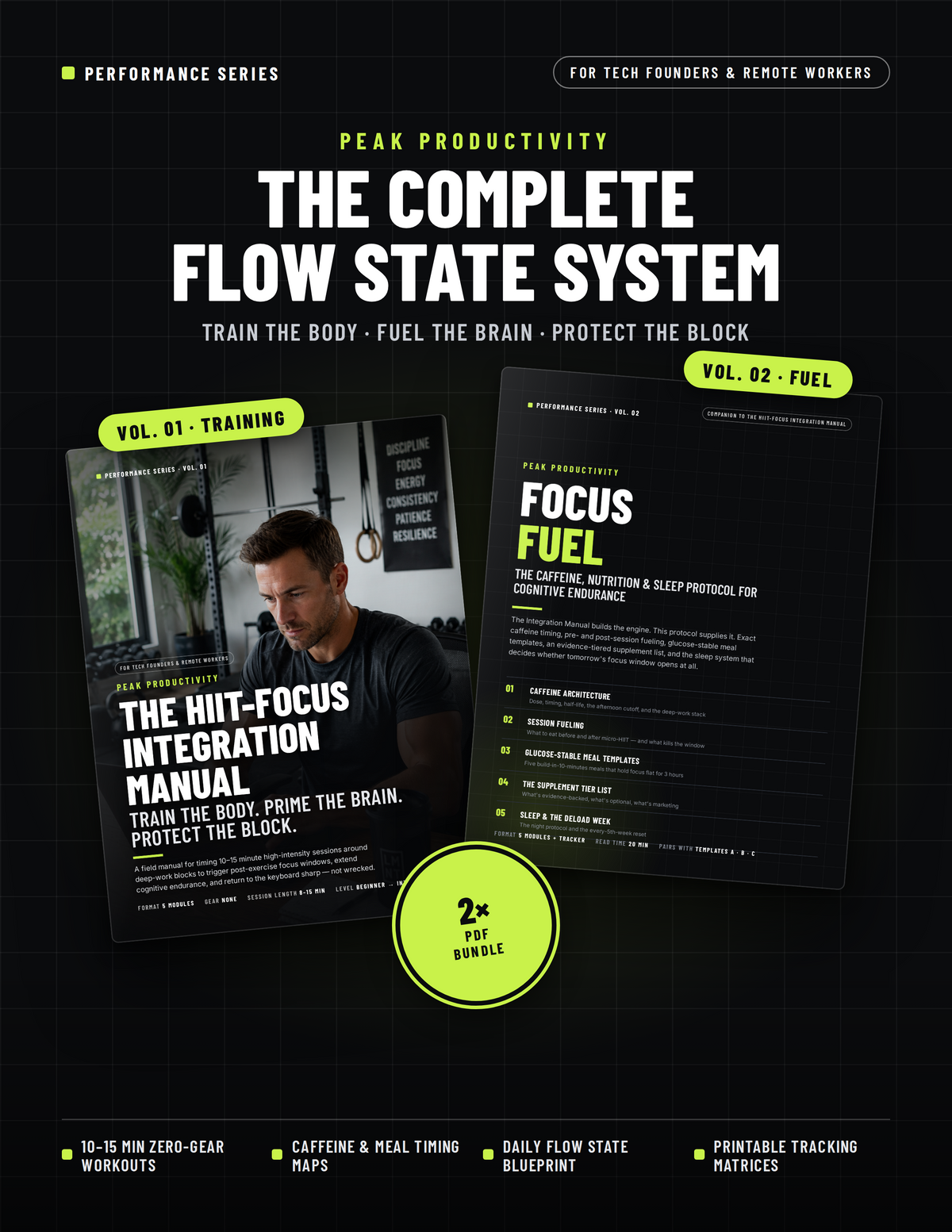Complete Flow State System bundle — two PDF guides for founders: HIIT-Focus Integration Manual and Focus Fuel caffeine, nutrition and sleep protocol