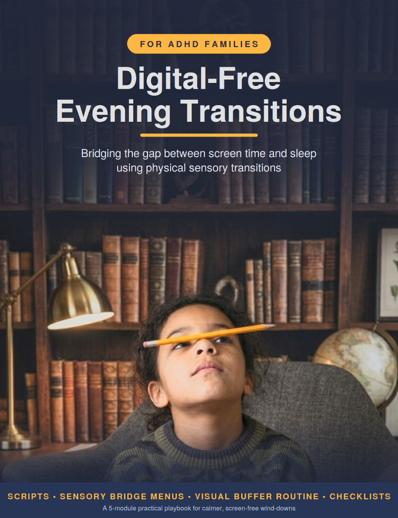 Digital-Free Evening Transitions for ADHD Families PDF guide cover — child balancing a pencil on their nose in front of bookshelves at night