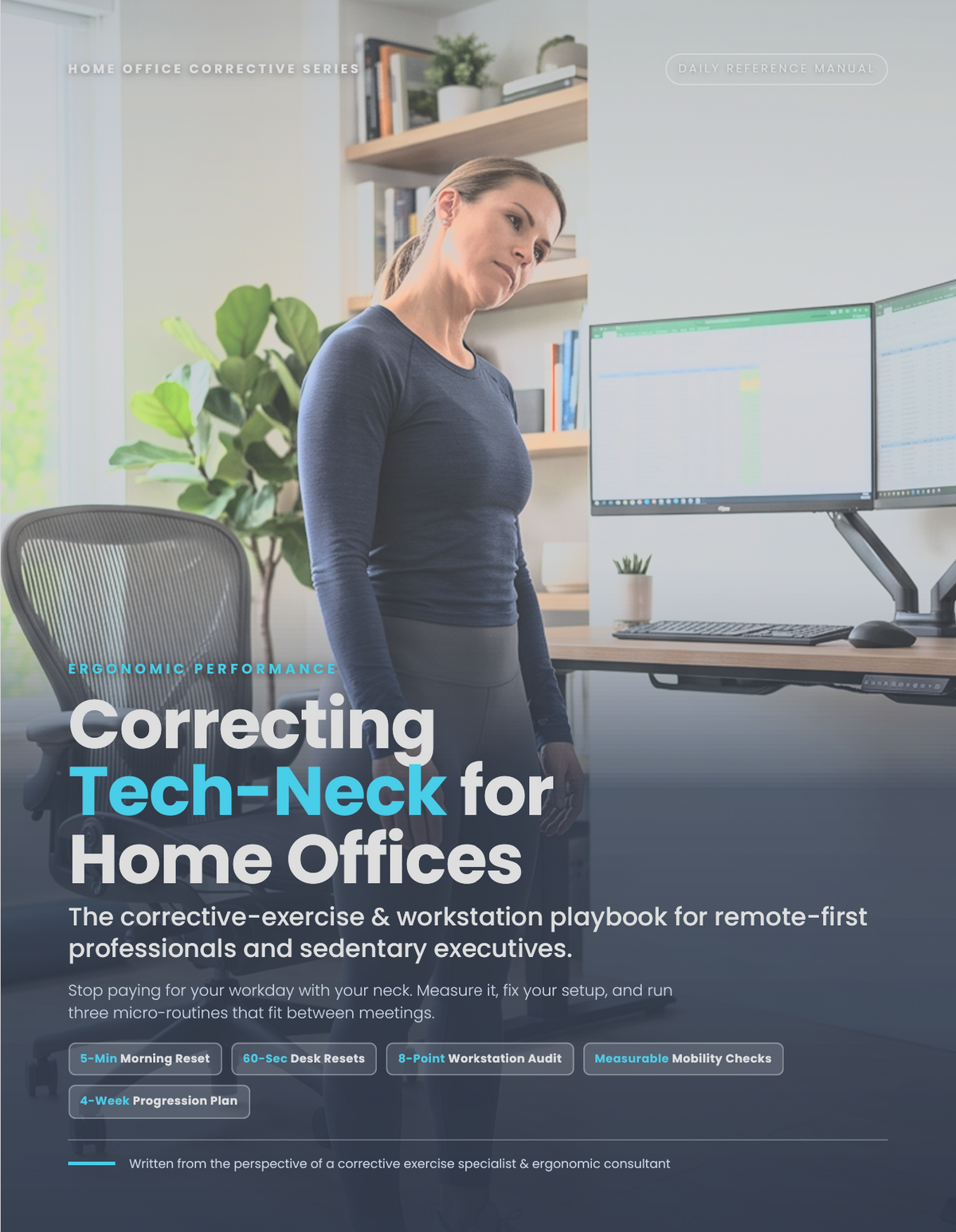 Correcting Tech-Neck for Home Offices PDF guide — cover and sample pages showing illustrated posture exercises and workstation audit checklist