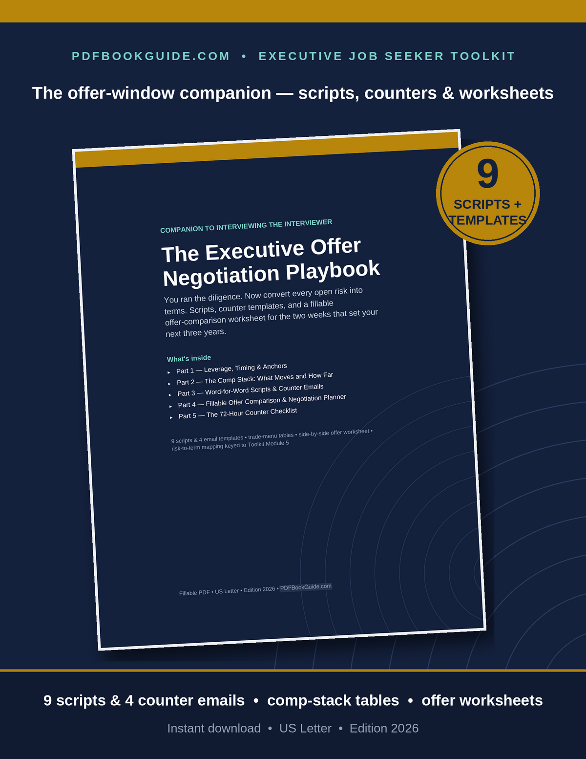 The Executive Offer Negotiation Playbook — navy and gold fillable PDF with scripts, counter emails, and offer worksheets for negotiating executive job offers