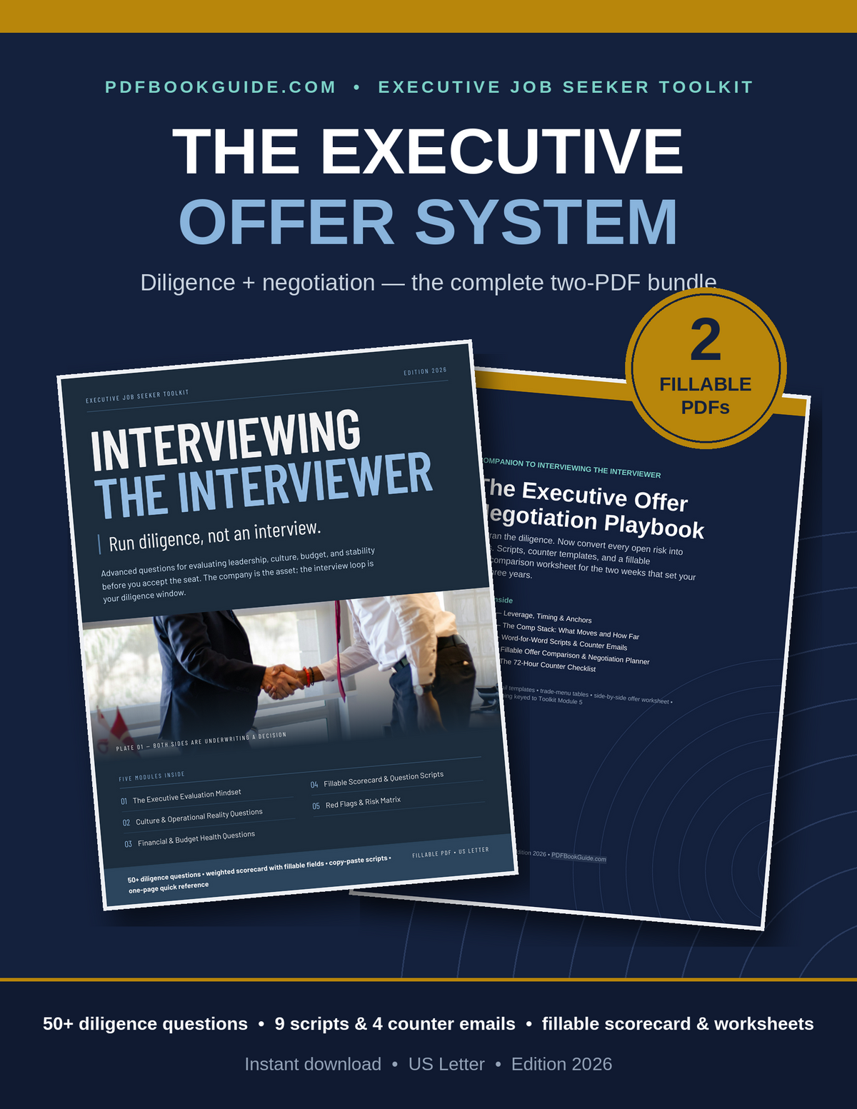 Bundle thumbnail showing two fillable PDF guides for executives, Interviewing the Interviewer and The Executive Offer Negotiation Playbook, fanned on a navy background