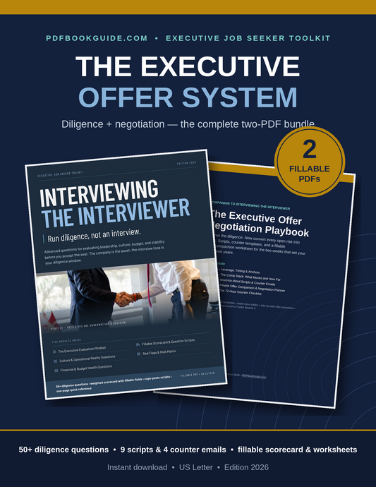 Bundle thumbnail showing two fillable PDF guides for executives, Interviewing the Interviewer and The Executive Offer Negotiation Playbook, fanned on a navy background