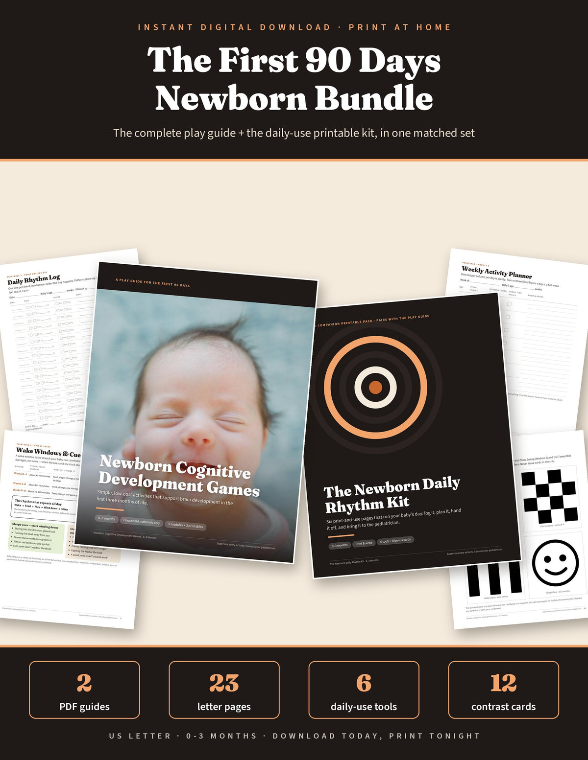 The First 90 Days Newborn Bundle listing image showing the Cognitive Play Guide and Daily Rhythm Kit PDF covers