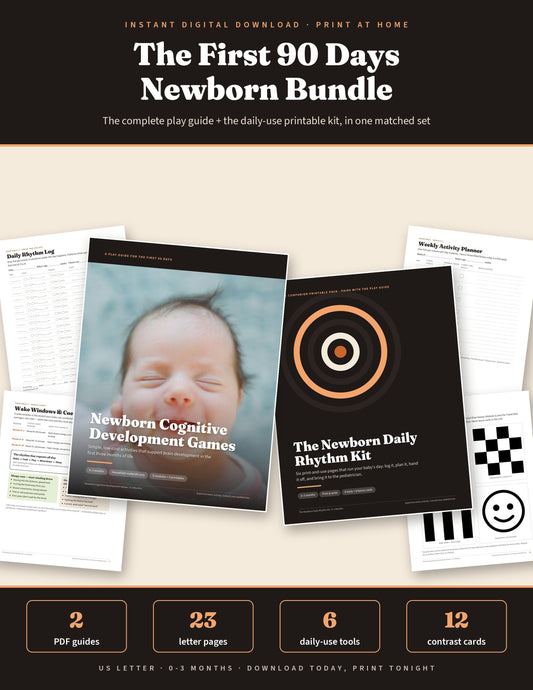 The First 90 Days Newborn Bundle listing image showing the Cognitive Play Guide and Daily Rhythm Kit PDF covers