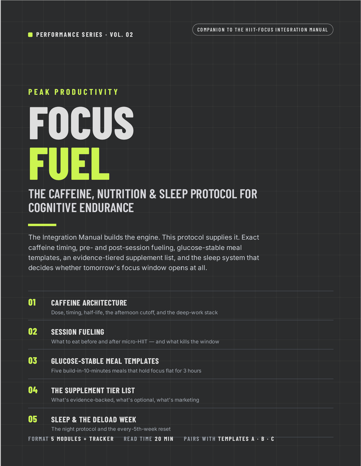 Focus Fuel PDF cover — caffeine, nutrition and sleep protocol for cognitive endurance, companion guide to the HIIT-Focus Integration Manual