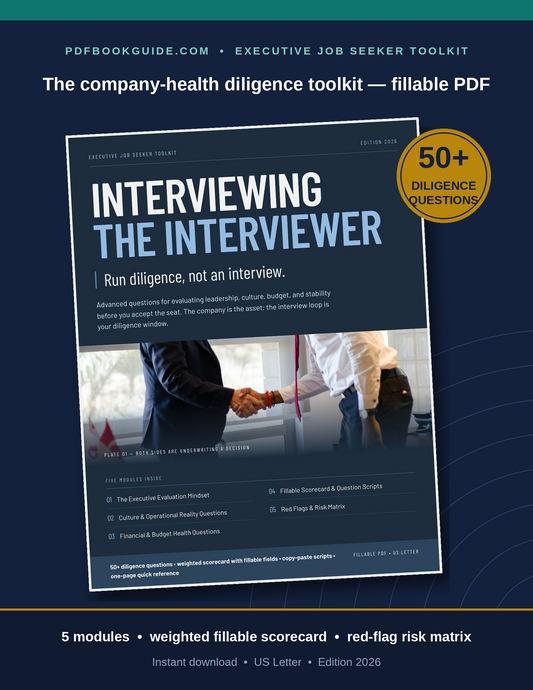 Interviewing the Interviewer — fillable PDF company-health diligence toolkit for executive job seekers, cover on navy background