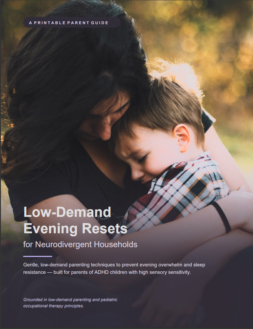 Low-Demand Evening Resets PDF guide cover — mother gently comforting her young son outdoors, an ADHD bedtime routine guide for neurodivergent households