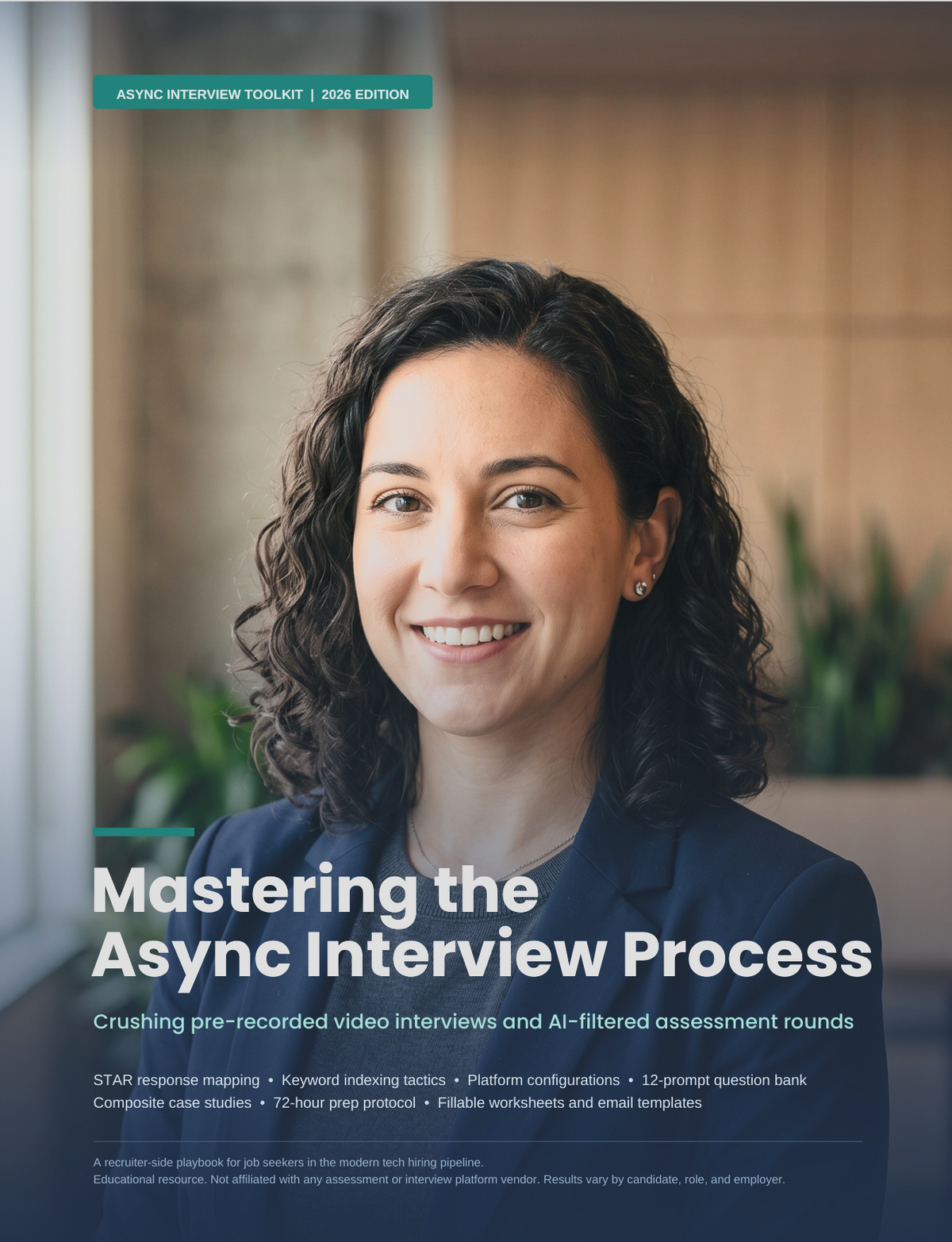 Mastering the Async Interview Process PDF guide cover — smiling professional woman in a navy blazer, prep guide for pre-recorded video interviews and AI-filtered assessments, 2026 edition