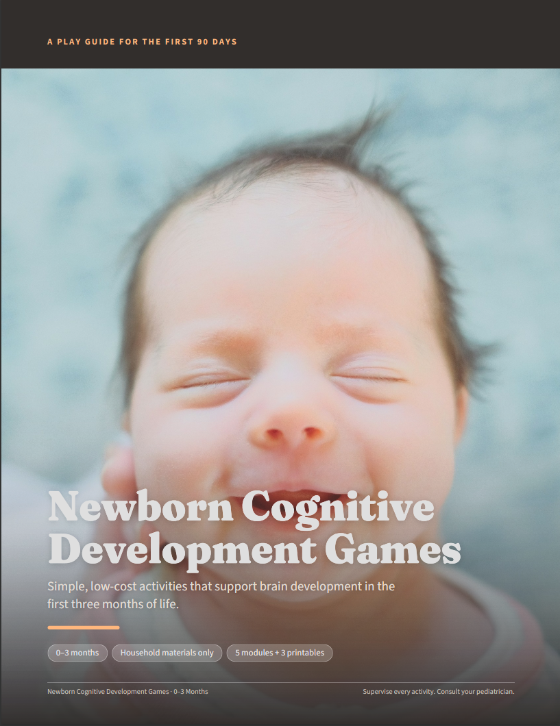 Newborn Cognitive Development Games PDF cover, a 0 to 3 months play guide and milestone tracker