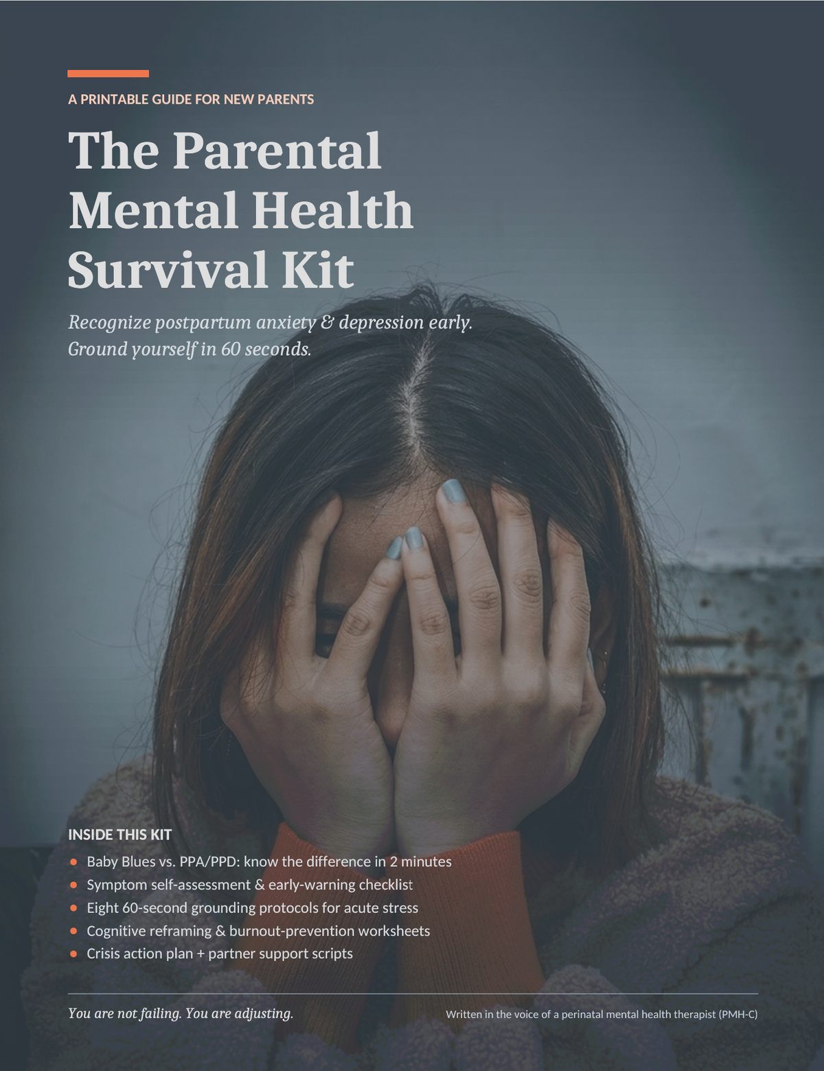 Parental Mental Health Survival Kit printable PDF cover — overwhelmed new parent, titled Recognize postpartum anxiety and depression early