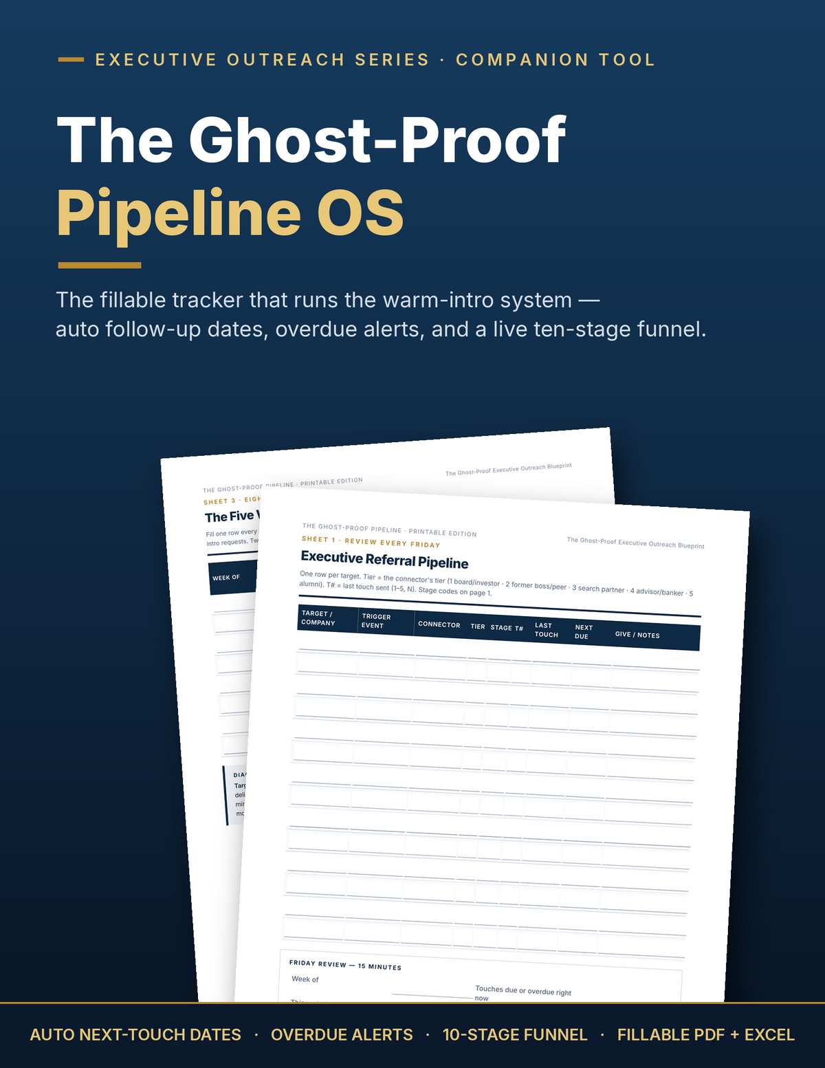 The Ghost-Proof Pipeline OS executive job search tracker — Excel and fillable PDF with auto follow-up dates and overdue alerts