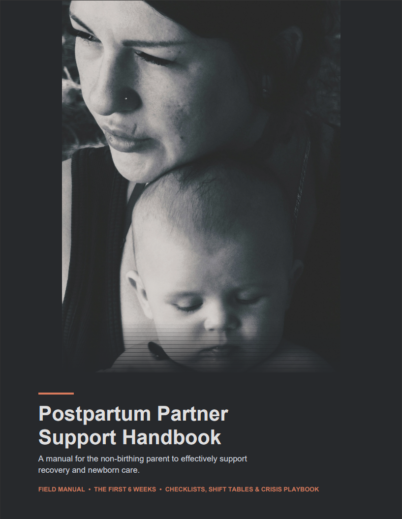 Included in the bundle: Postpartum Partner Support Handbook cover — black and white photo of a mother holding her sleeping newborn
