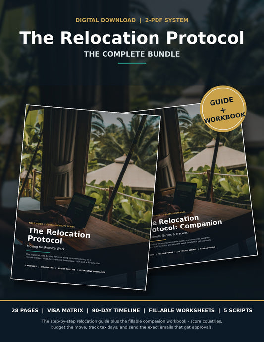 The Relocation Protocol Complete Bundle — remote work relocation guide and fillable companion workbook PDF covers with guide plus workbook badge