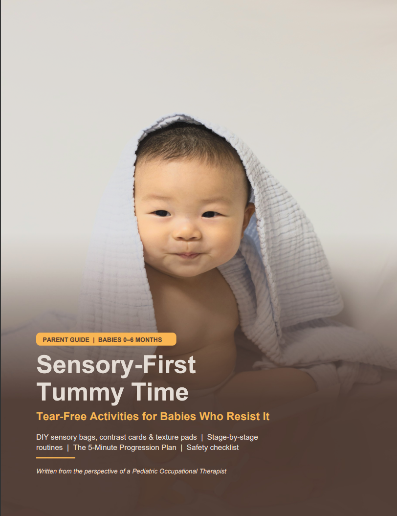 Sensory-First Tummy Time PDF guide cover — smiling baby under a blue muslin blanket, tummy time activities for babies 0–6 months