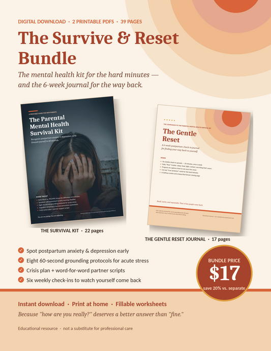 Survive and Reset Bundle graphic showing both postpartum PDF covers, a benefit checklist, and a 17 dollar bundle price badge on a warm cream background