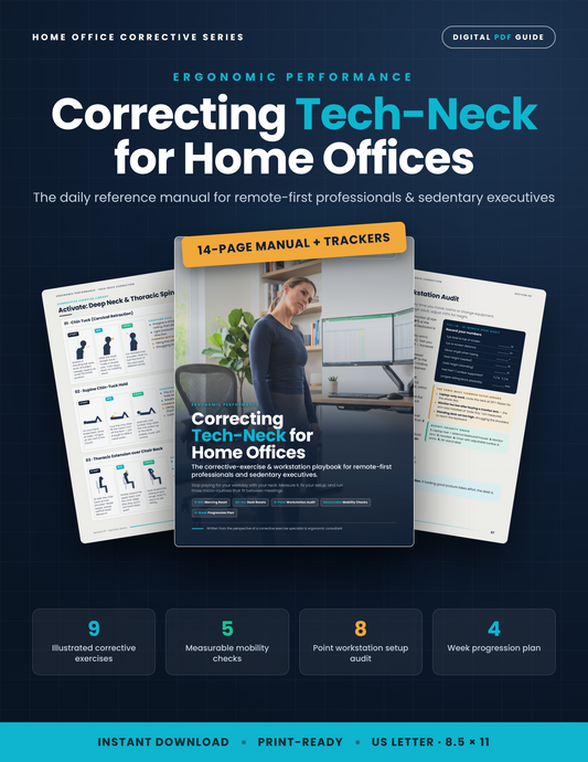 Complete Tech-Neck System bundle — two PDF manuals showing home office posture correction guide and travel field protocols for desk workers