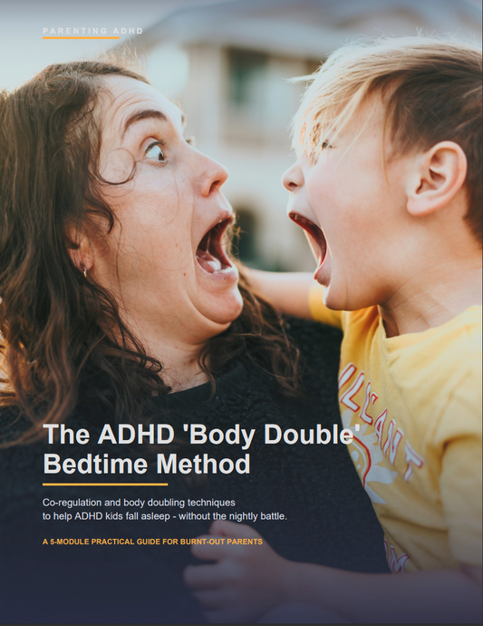 ADHD bedtime routine guide cover showing parent and child - the Body Double Bedtime Method printable PDF