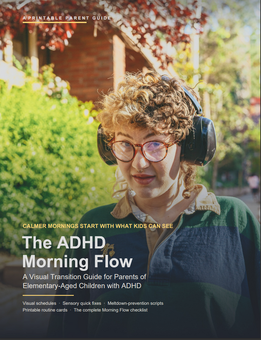 Cover of The ADHD Morning Flow: A Visual Transition Guide, a printable PDF for parents of elementary-aged children with ADHD