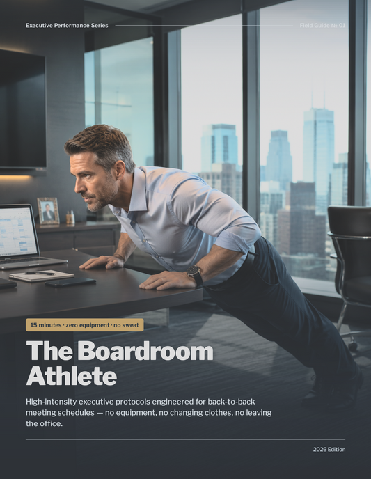 The Boardroom Athlete PDF cover — executive in business attire doing a desk push-up in a corner office, 15-minute no-equipment workout guide for busy professionals
