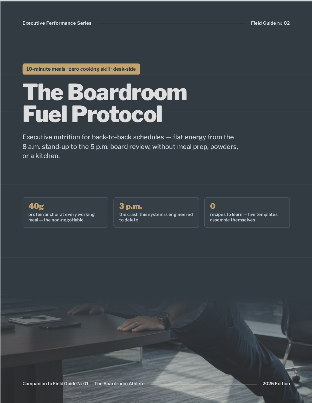 The Boardroom Fuel Protocol PDF cover — executive nutrition guide with 10-minute high-protein meal templates for busy professionals, companion to The Boardroom Athlete