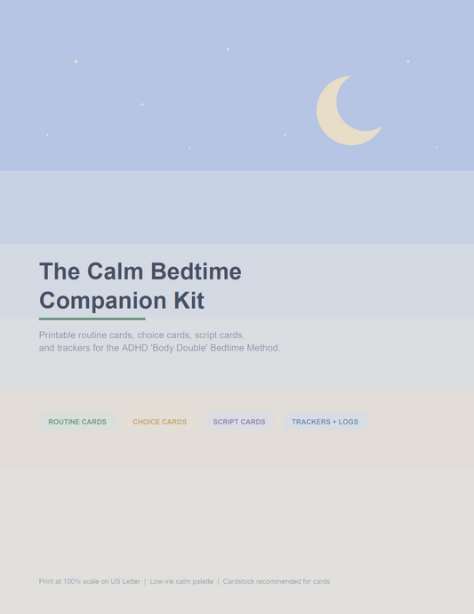 Calm Bedtime Companion Kit cover with moon and stars - printable ADHD bedtime routine cards and trackers